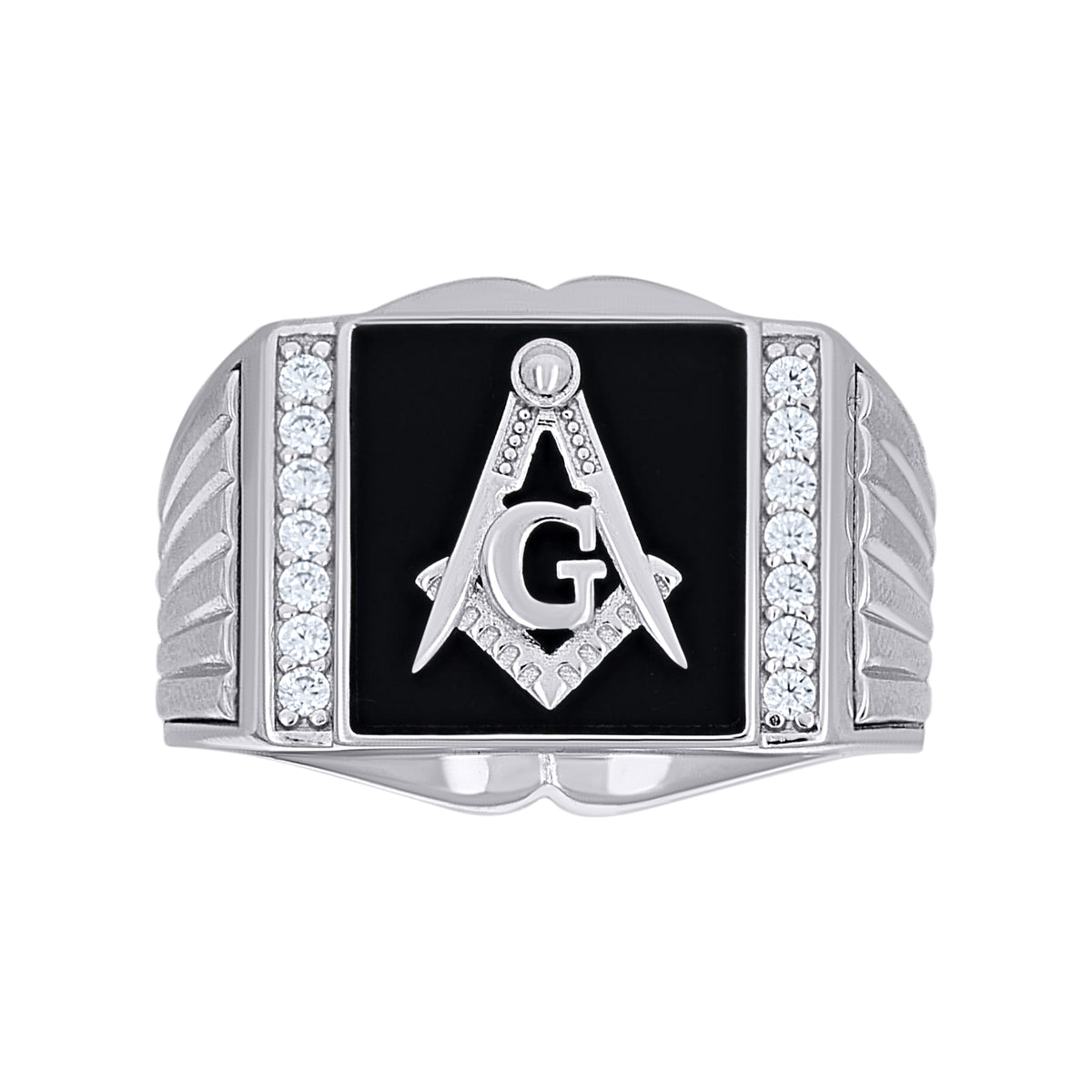 925 Sterling Silver Mens Cubic-Zirconia Enameled Masonic Symbol Ring