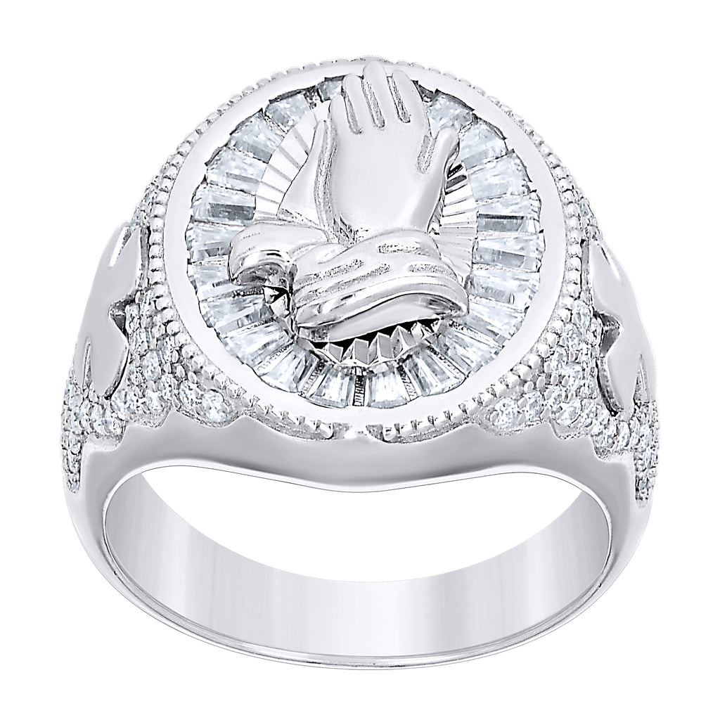 925 Sterling Silver Mens Round Baguette  2.58ct Moissanite Praying Hands Religious Fashion Ring