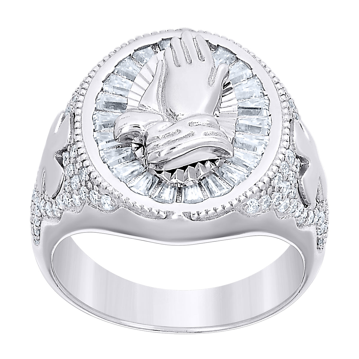 925 Sterling Silver Mens Round Baguette  2.58ct Moissanite Praying Hands Religious Fashion Ring