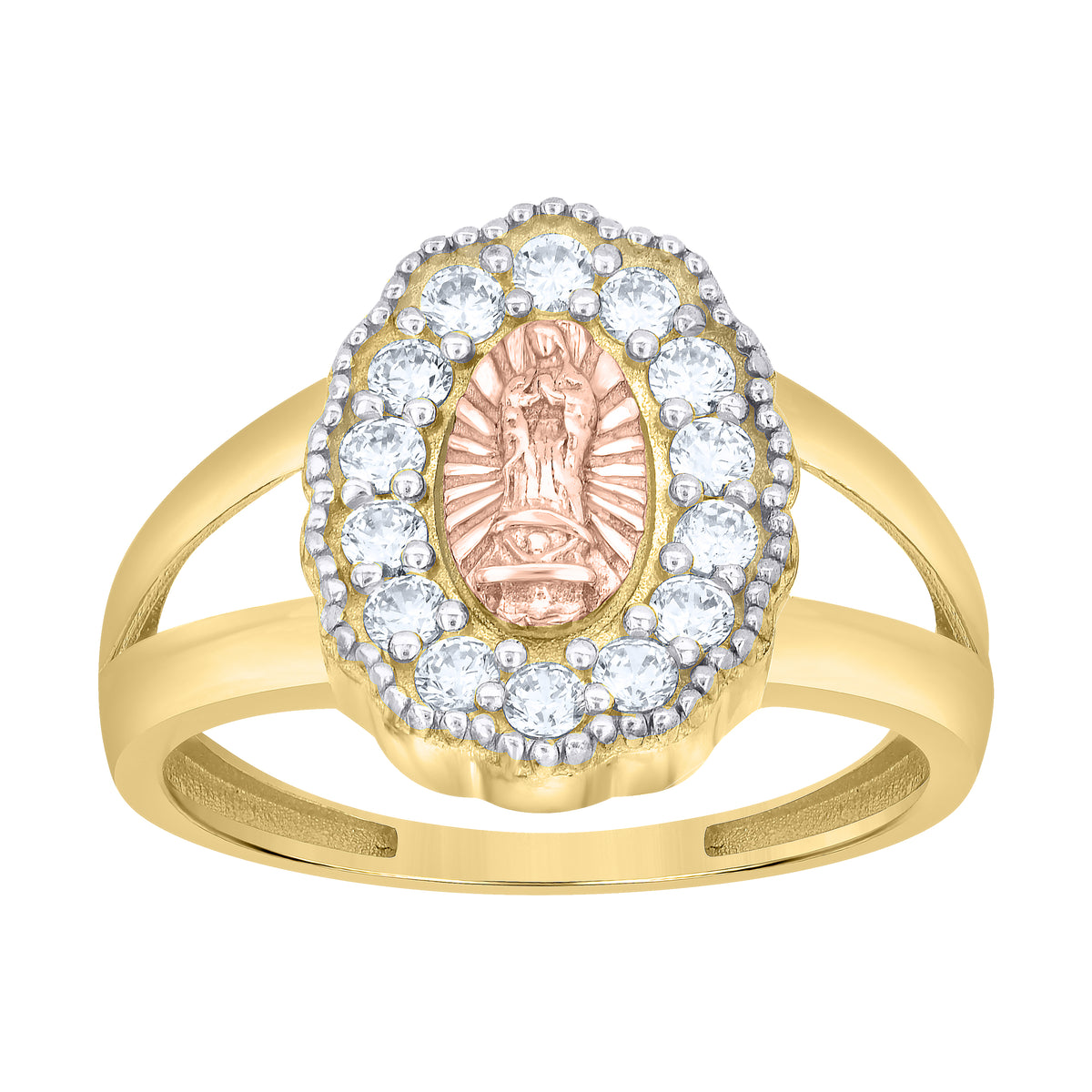 10K Tri-Color Gold Women Cubic-Zirconia Guadalupe Religious Ring