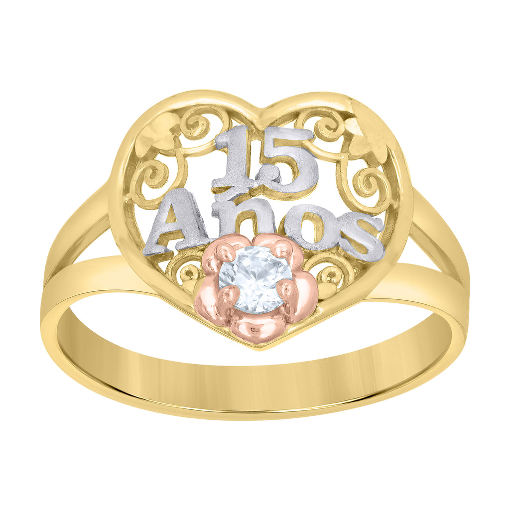 10K Tri-Color Gold Women Cubic-Zirconia Heart Anos 15 Quinceanera Ring