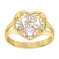 10K Tri-Color Gold Women Cubic-Zirconia Heart Anos 15 Quinceanera Ring