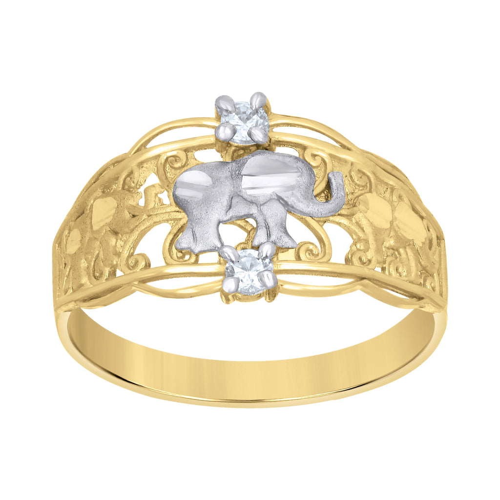 10K Two-tone Gold Women Cubic-Zirconia Baby Elephant Good Luck Ring
