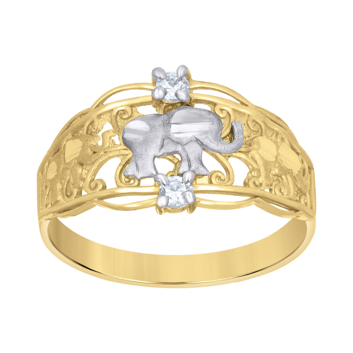 10K Two-tone Gold Women Cubic-Zirconia Baby Elephant Good Luck Ring