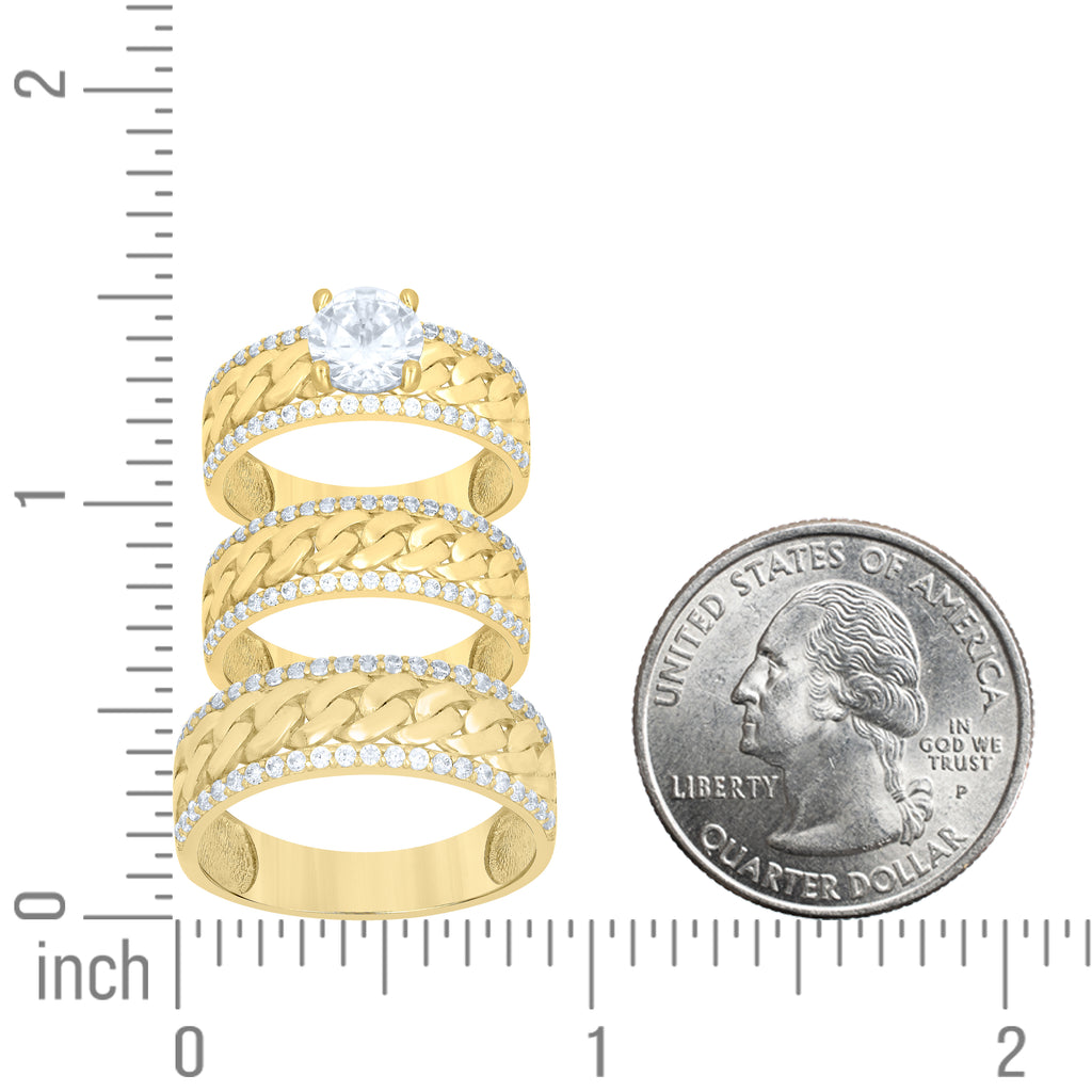 10K Yellow Gold His & Her Cubic-Zirconia Cuban Link Trio Ring Set