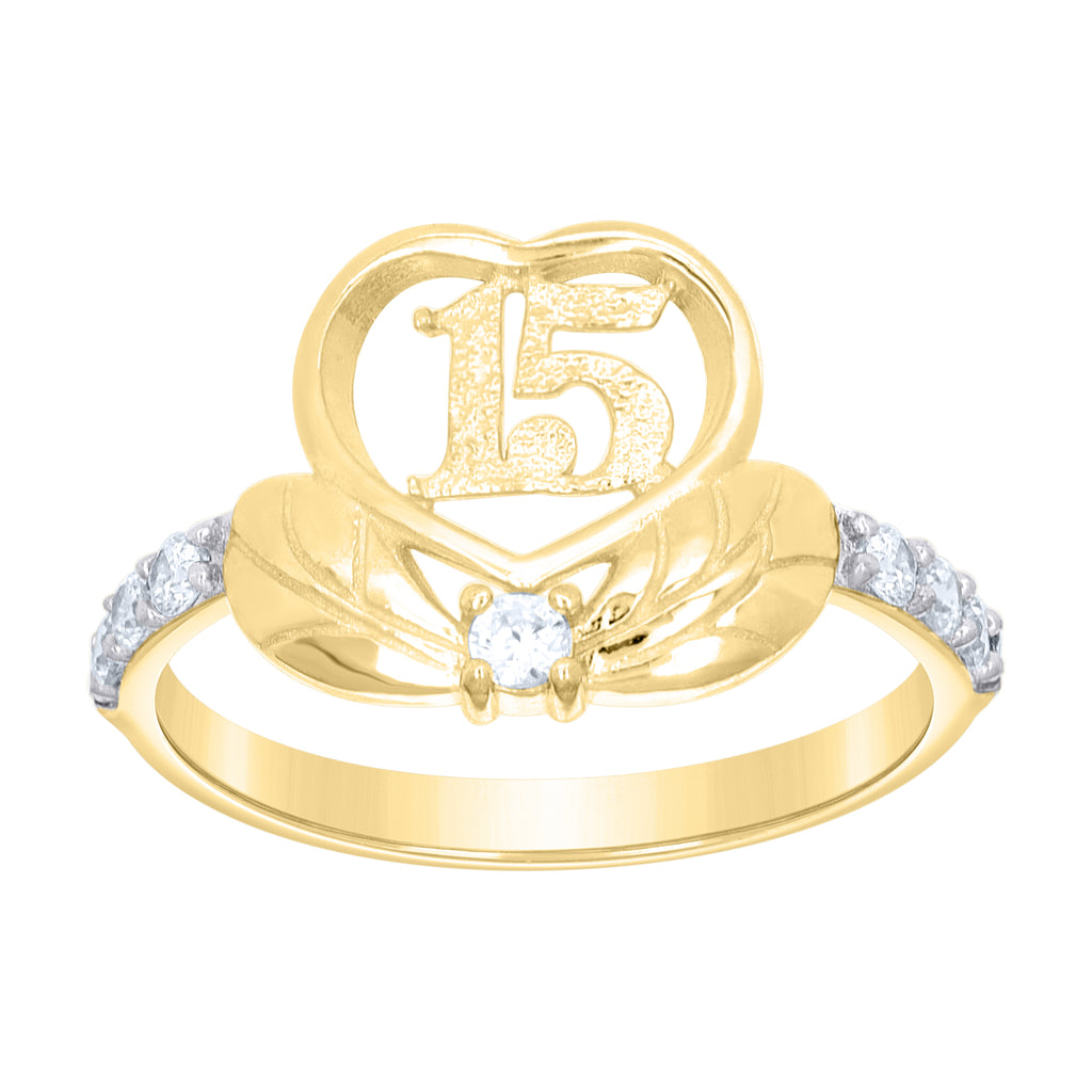10K Two-tone Gold Women Cubic-Zirconia Heart 15 Quinceanera Ring