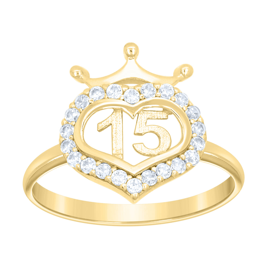 10K Yellow Gold Women Cubic-Zirconia Heart 15 Quinceanera Ring
