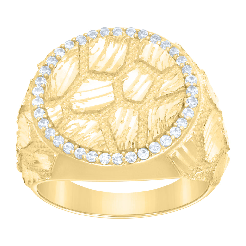 10K Yellow Gold Mens White Cubic-Zirconia Diamond-Cut Nugget Fashion Ring