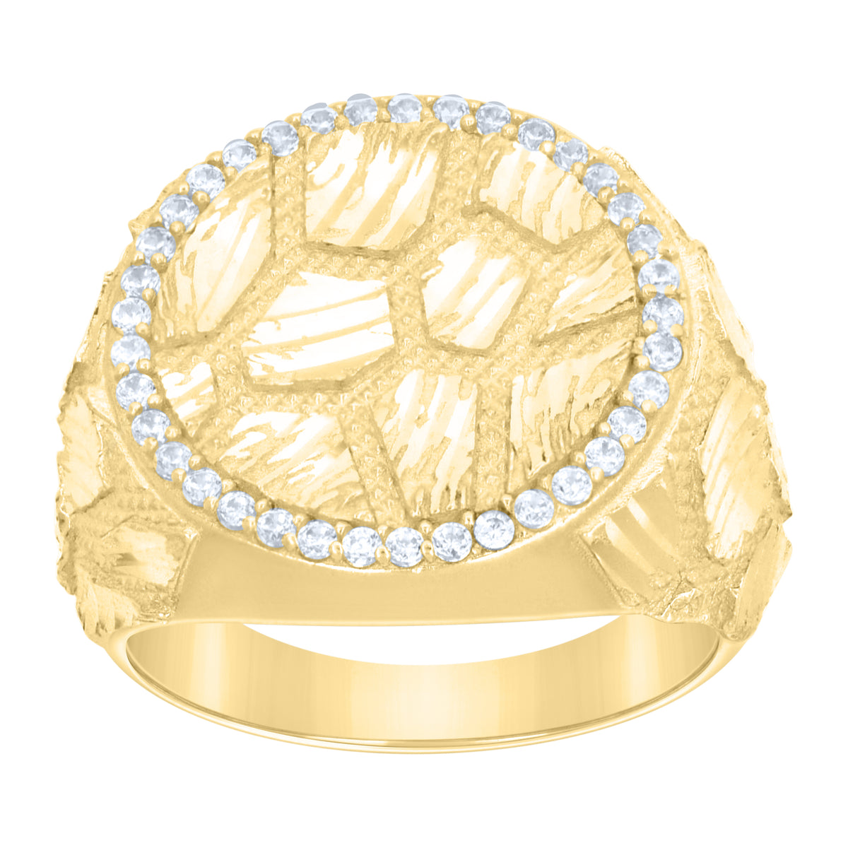 10K Yellow Gold Mens White Cubic-Zirconia Diamond-Cut Nugget Fashion Ring