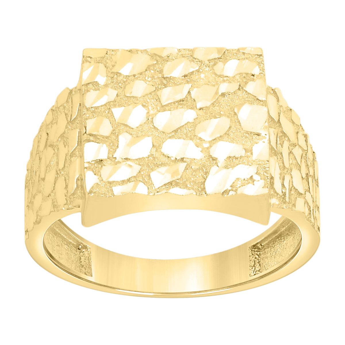 10K Yellow Gold Mens Diamond-Cut Square Head Nugget Fashion Ring