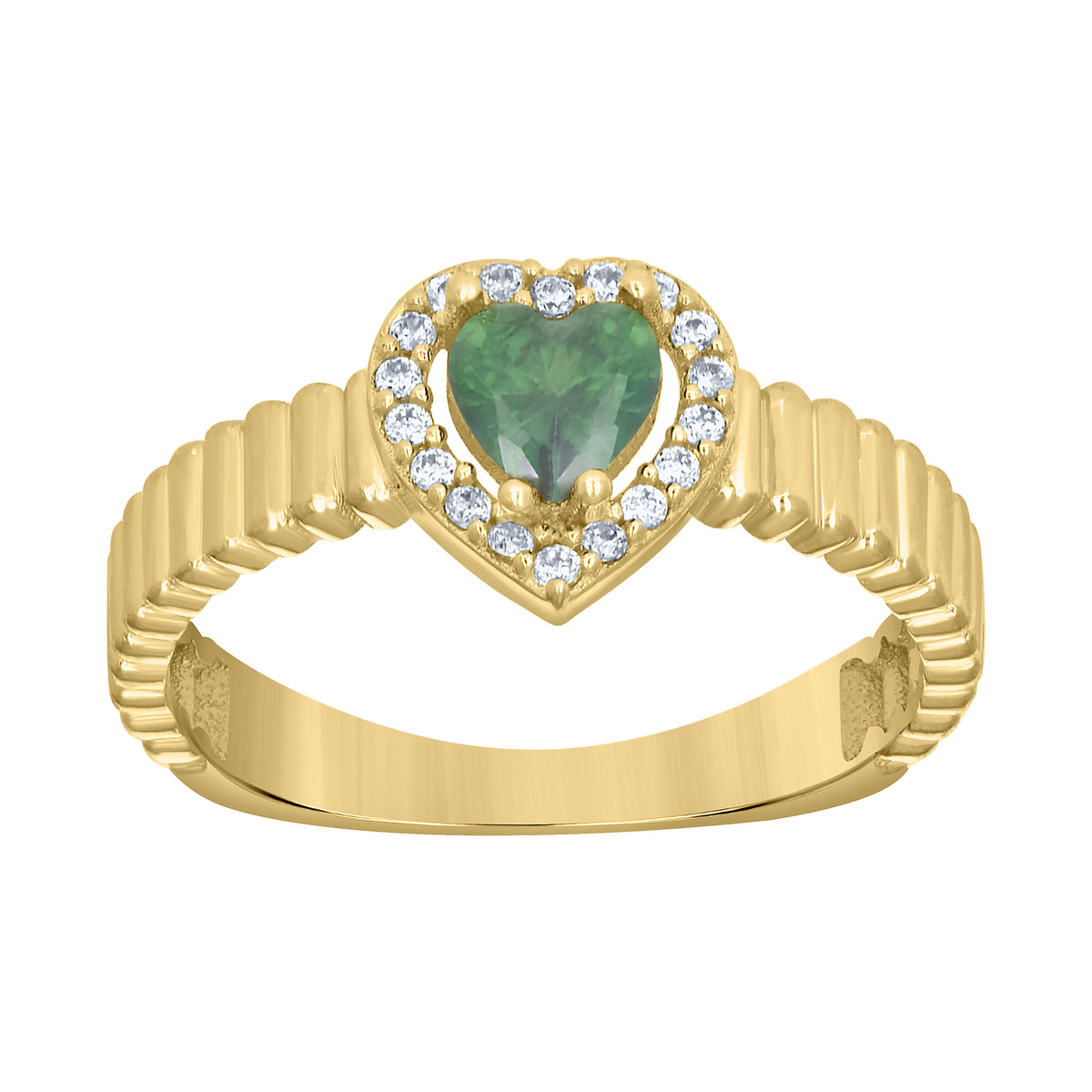 10K Yellow Gold Womens Round Heart White Green Cubic-Zirconia Heart Birthstone Ring