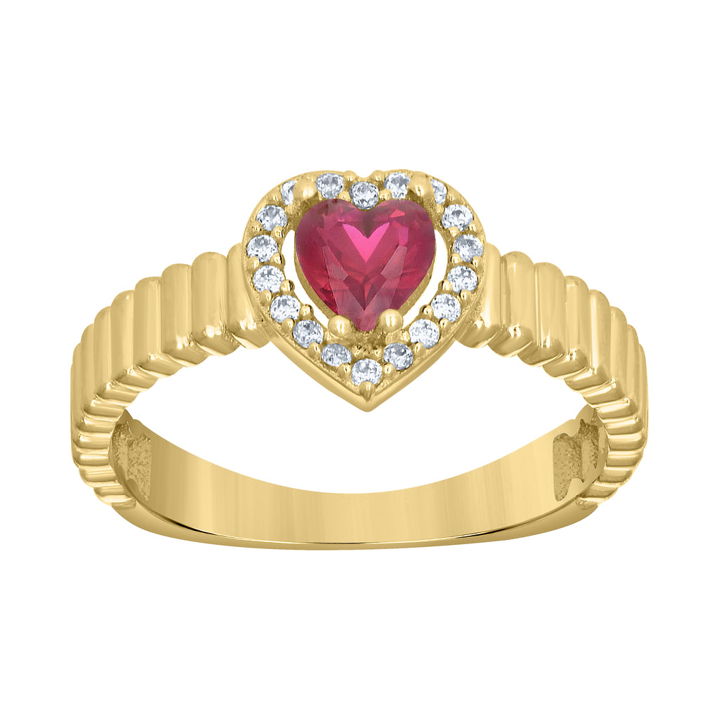 10K Yellow Gold Womens Round Heart White Red Cubic-Zirconia Heart Birthstone Ring