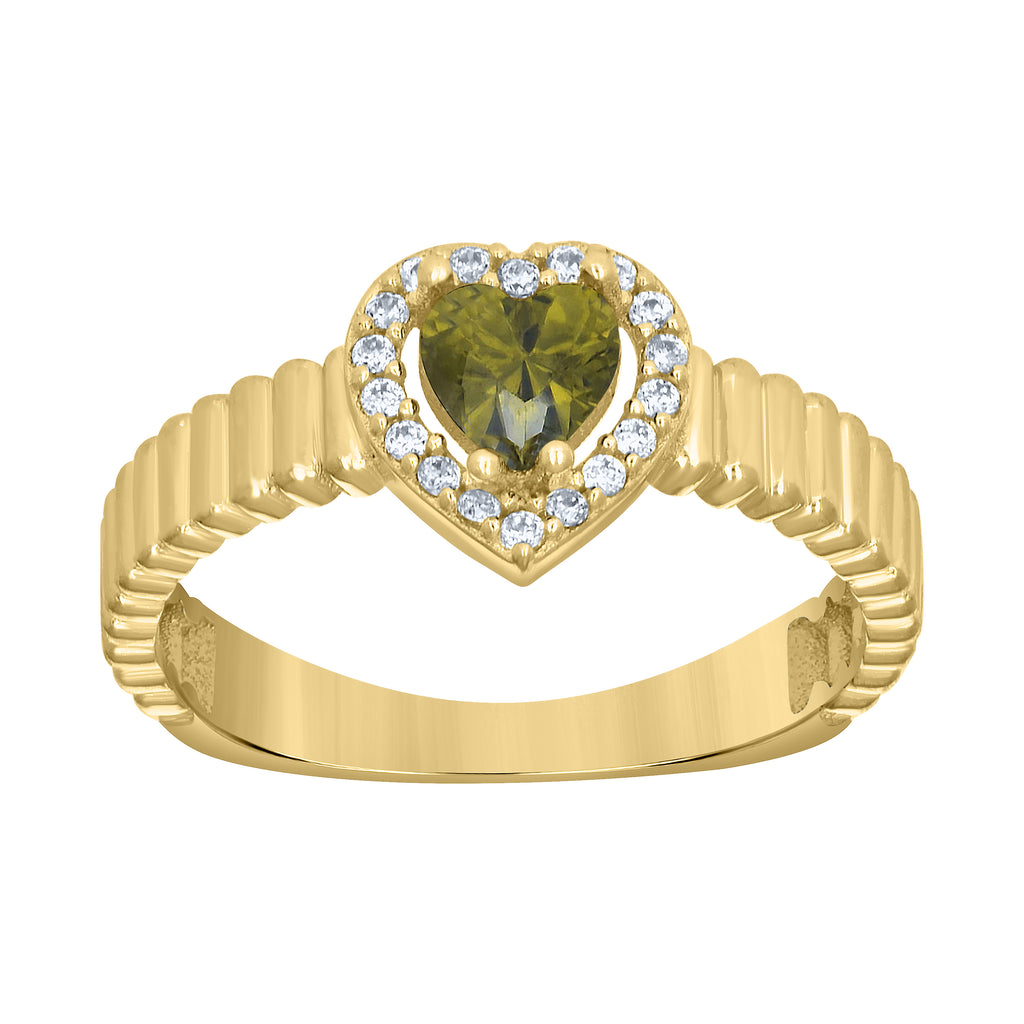 10K Yellow Gold Womens Round Heart White Green Cubic-Zirconia Heart Birthstone Ring