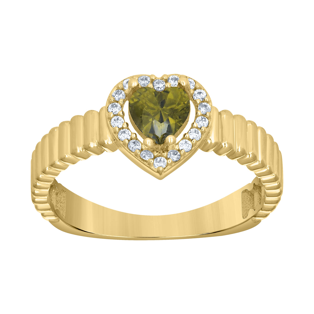 10K Yellow Gold Womens Round Heart White Green Cubic-Zirconia Heart Birthstone Ring