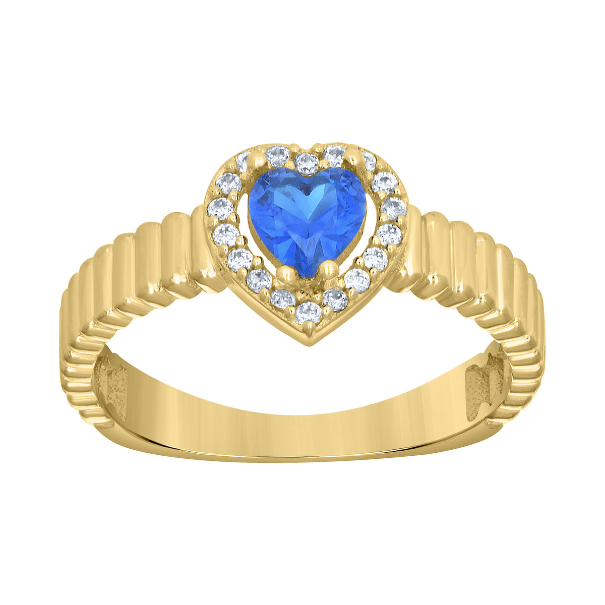 10K Yellow Gold Womens Round Heart White Blue Cubic-Zirconia Heart Birthstone Ring