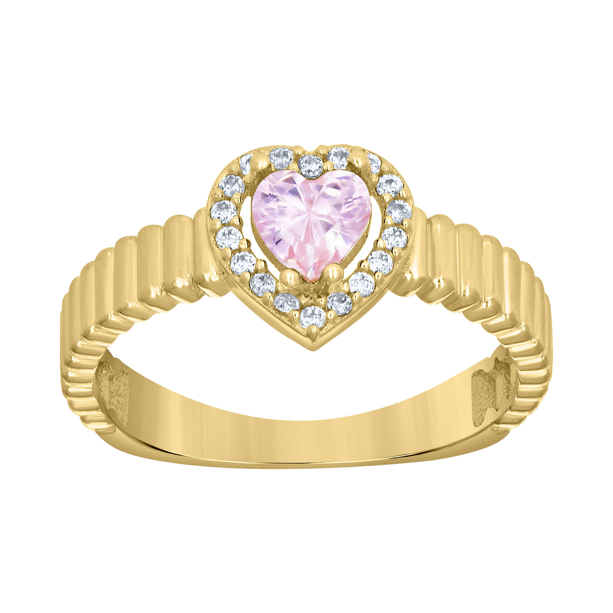 10K Yellow Gold Womens Round Heart White Pink Cubic-Zirconia Heart Birthstone Ring