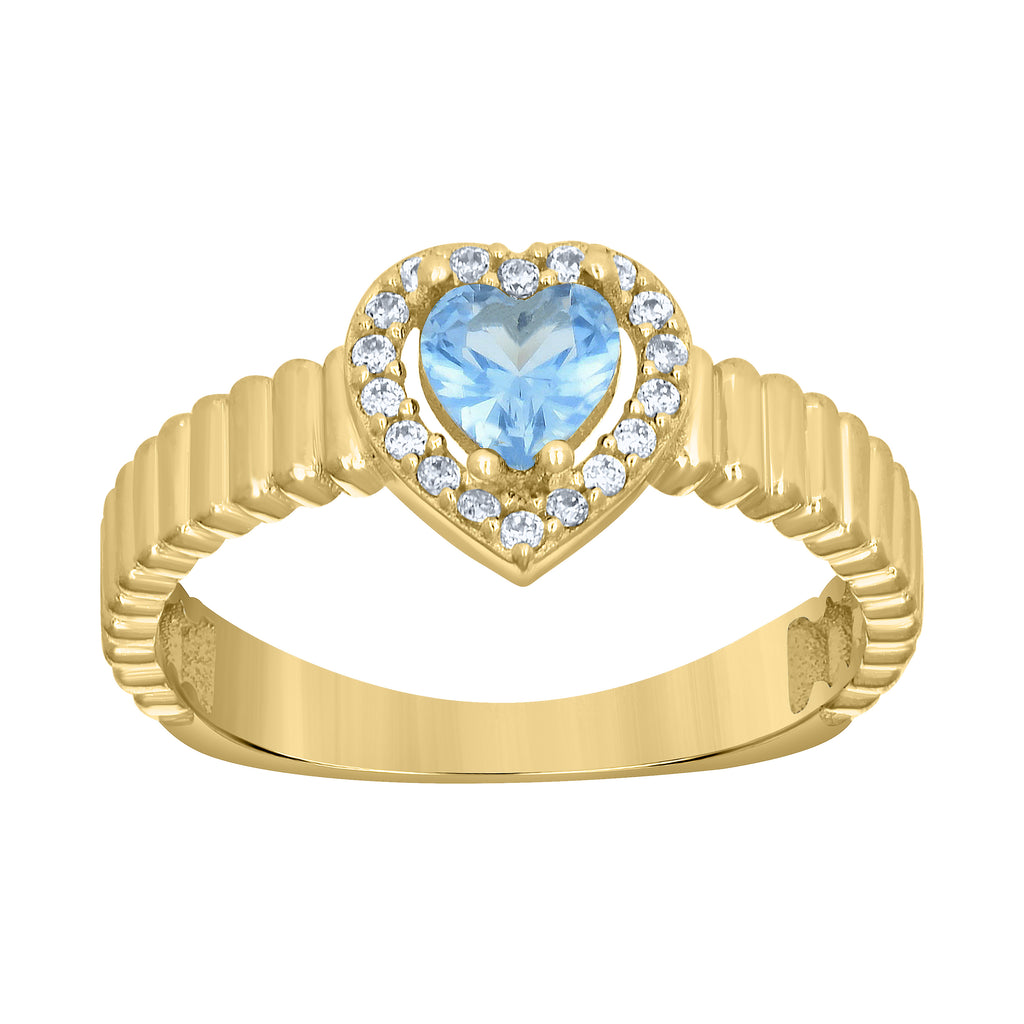 10K Yellow Gold Womens Round Heart White Blue Cubic-Zirconia Heart Birthstone Ring