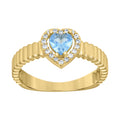 10K Yellow Gold Womens Round Heart White Blue Cubic-Zirconia Heart Birthstone Ring