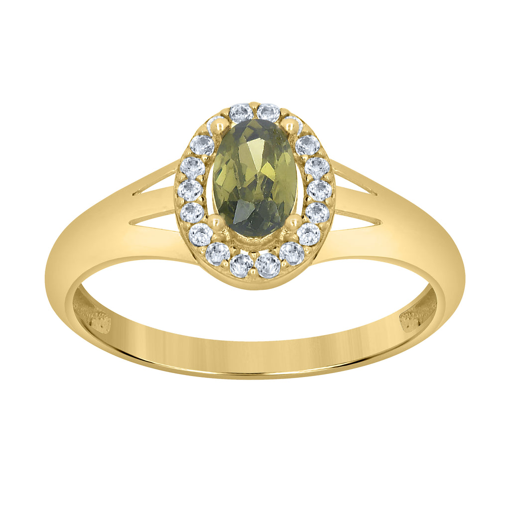10K Yellow Gold Womens Round Oval White Green Cubic-Zirconia Oval Birthstone Ring