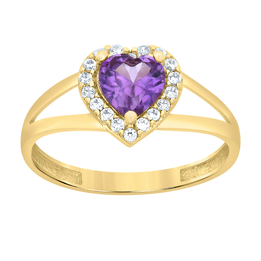 10K Yellow Gold Womens Round Heart White Purple Cubic-Zirconia Heart Birthstone Ring