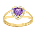 10K Yellow Gold Womens Round Heart White Purple Cubic-Zirconia Heart Birthstone Ring