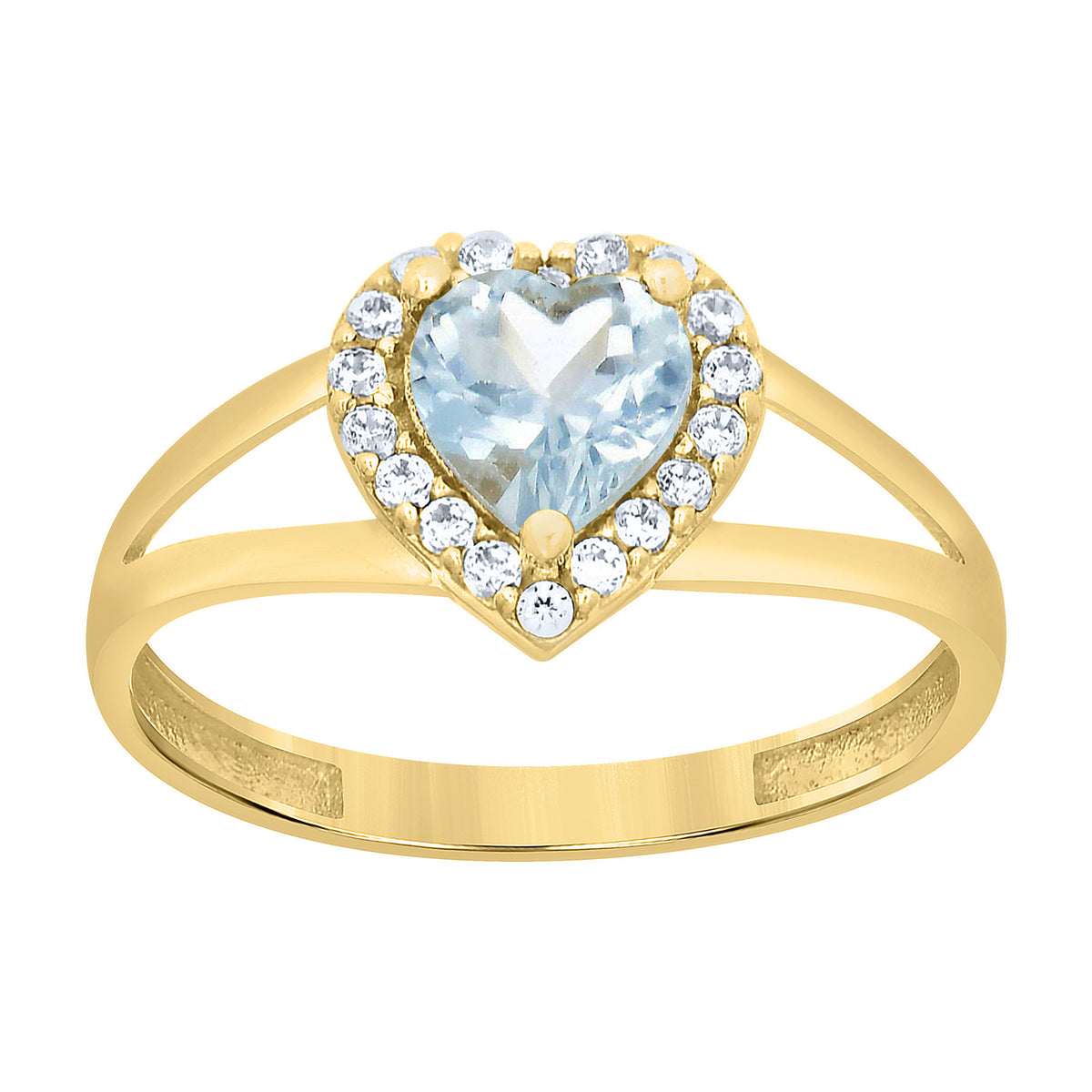 10K Yellow Gold Womens Round Heart White Aquamarine Cubic-Zirconia Heart Birthstone Ring