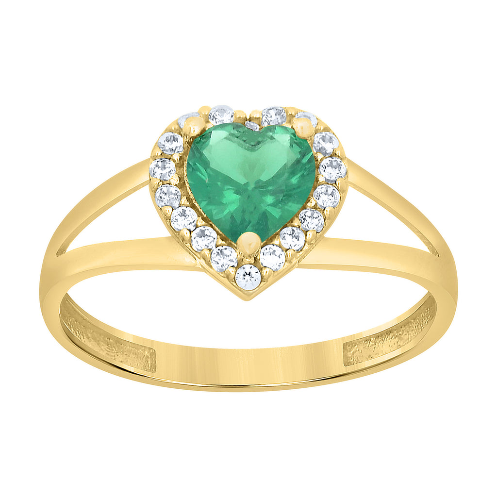 10K Yellow Gold Womens Round Heart White Green Cubic-Zirconia Heart Birthstone Ring