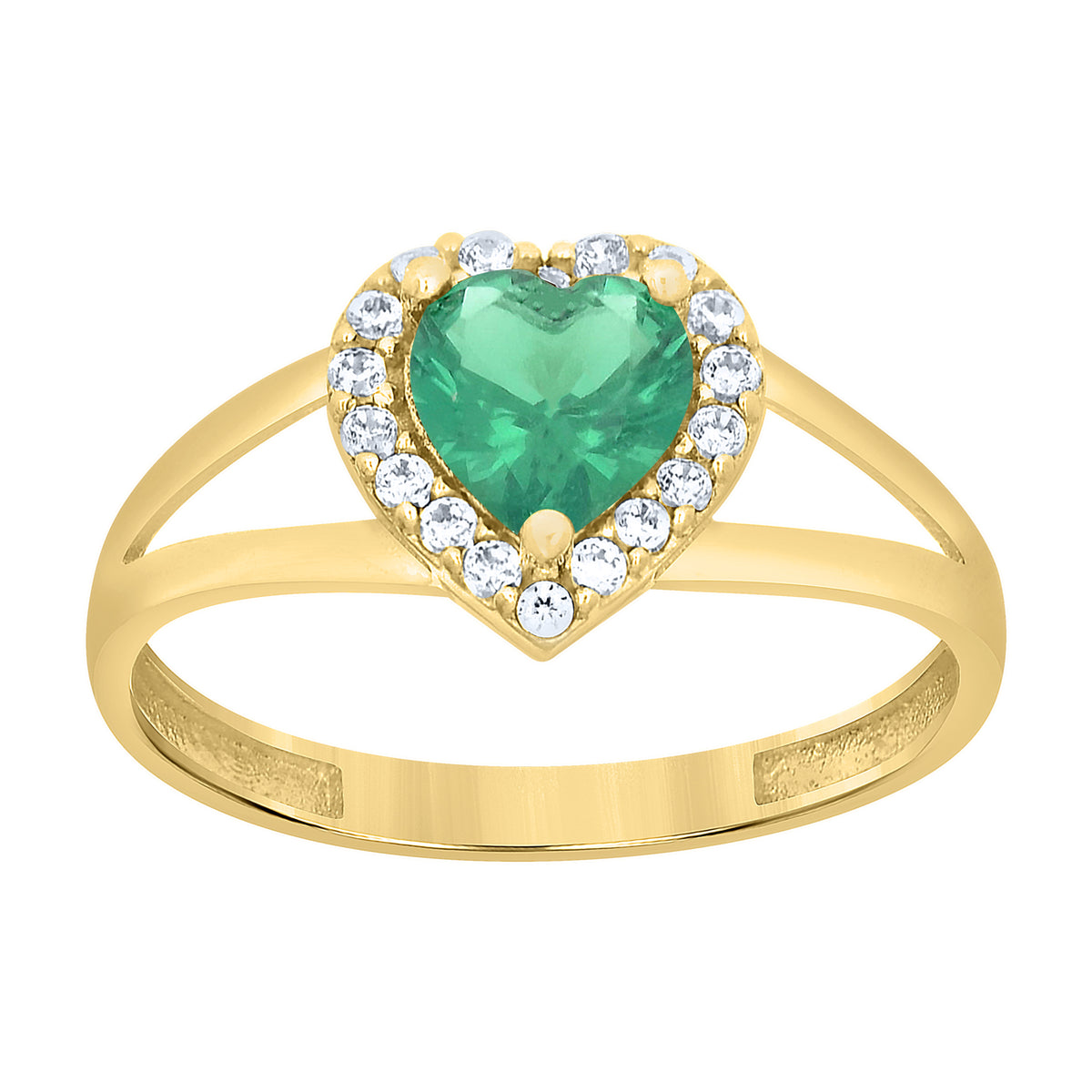 10K Yellow Gold Womens Round Heart White Green Cubic-Zirconia Heart Birthstone Ring