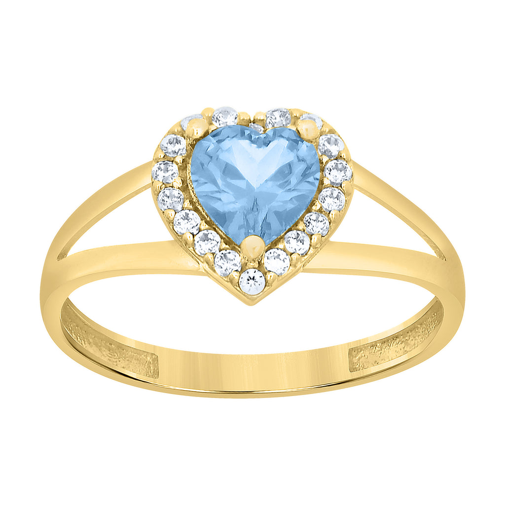 10K Yellow Gold Womens Round Heart White Blue Cubic-Zirconia Heart Birthstone Ring