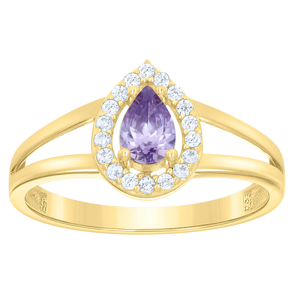 10K Yellow Gold Womens Round Pear White Purple Cubic-Zirconia Teardrop Birthstone Ring