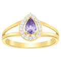 10K Yellow Gold Womens Round Pear White Purple Cubic-Zirconia Teardrop Birthstone Ring
