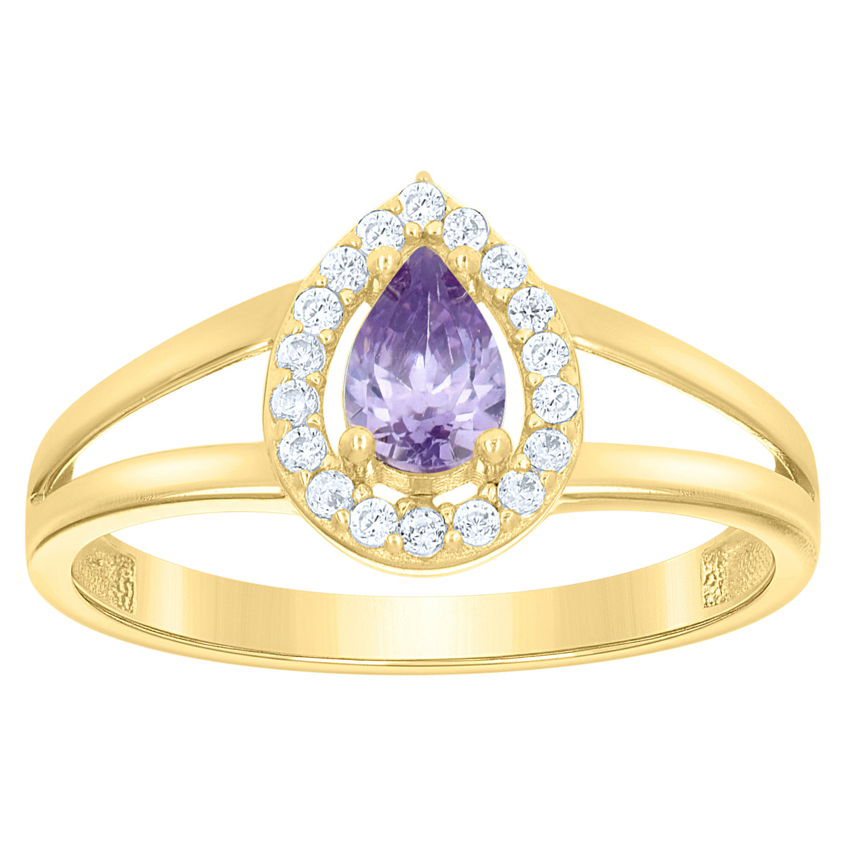 10K Yellow Gold Womens Round Pear White Purple Cubic-Zirconia Teardrop Birthstone Ring