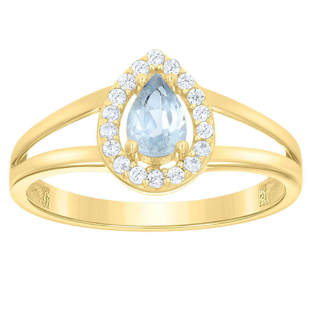10K Yellow Gold Womens Round Pear White Blue Cubic-Zirconia Teardrop Birthstone Ring
