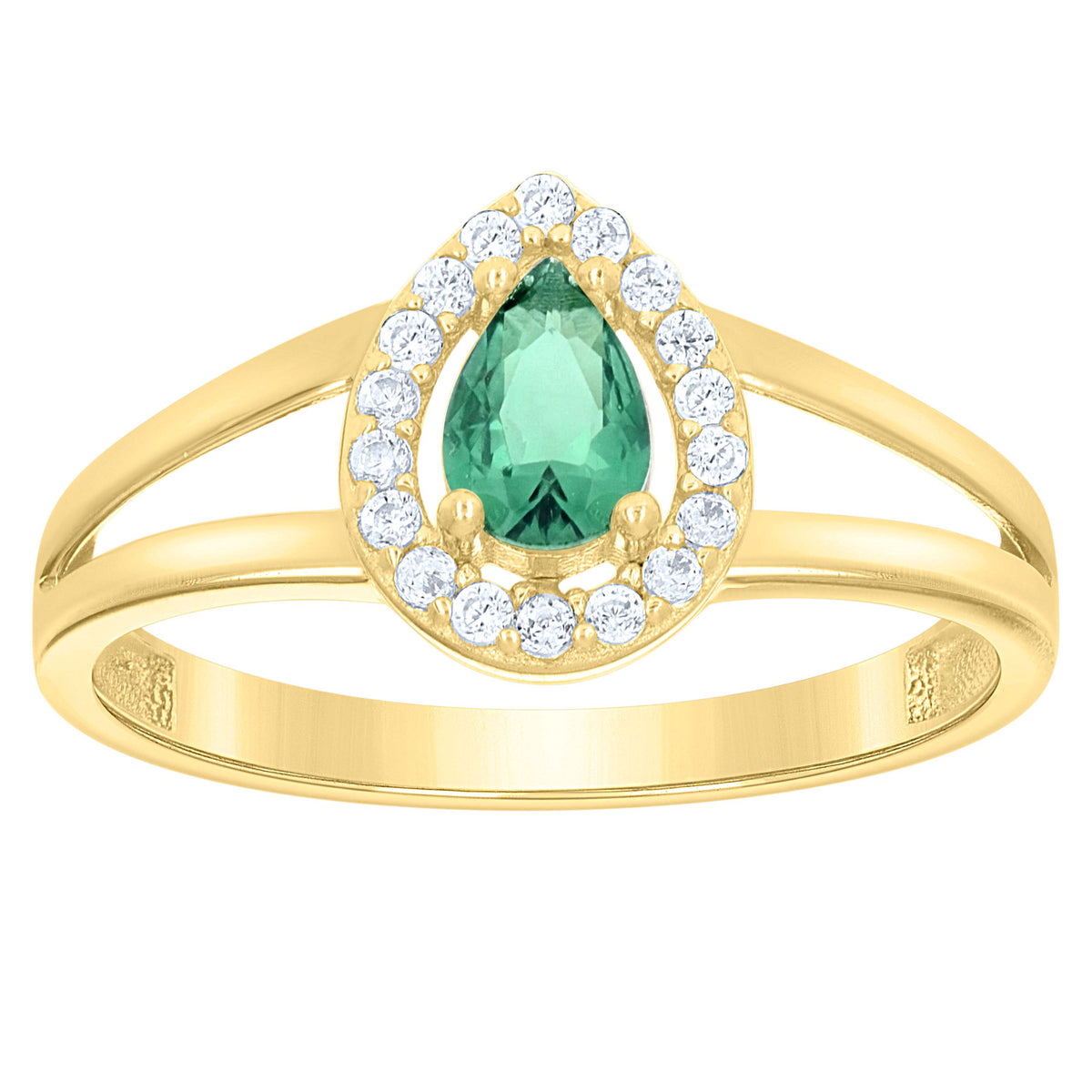10K Yellow Gold Womens Round Pear White Green Cubic-Zirconia Teardrop Birthstone Ring