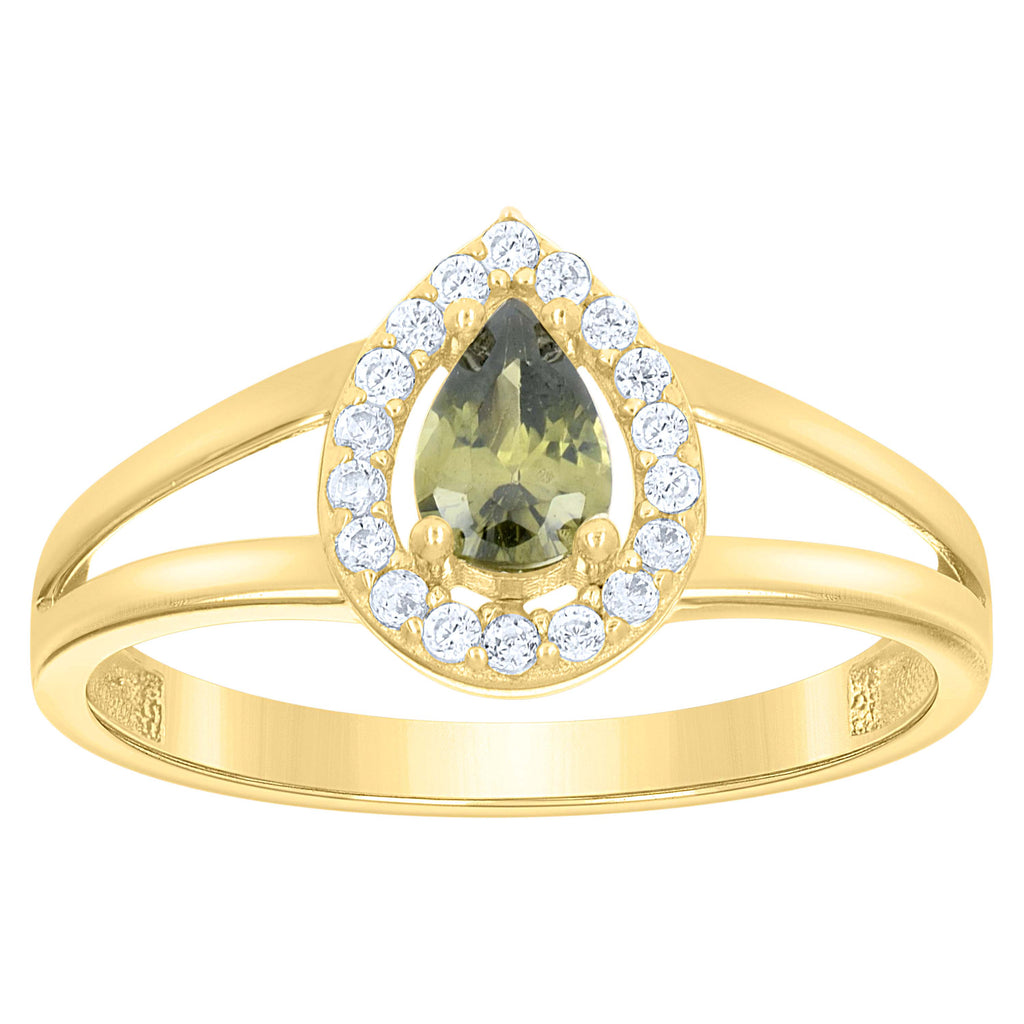 10K Yellow Gold Womens Round Pear White Green Cubic-Zirconia Teardrop Birthstone Ring