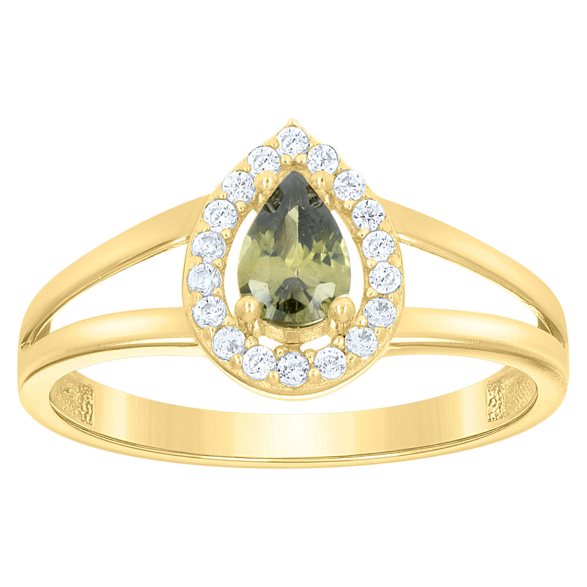 10K Yellow Gold Womens Round Pear White Green Cubic-Zirconia Teardrop Birthstone Ring
