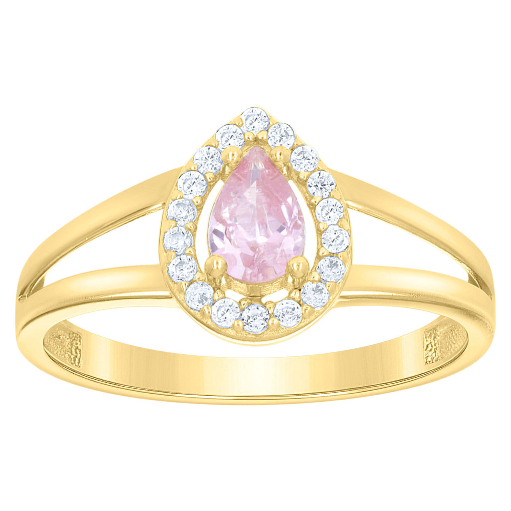 10K Yellow Gold Womens Round Pear White Pink Cubic-Zirconia Teardrop Birthstone Ring