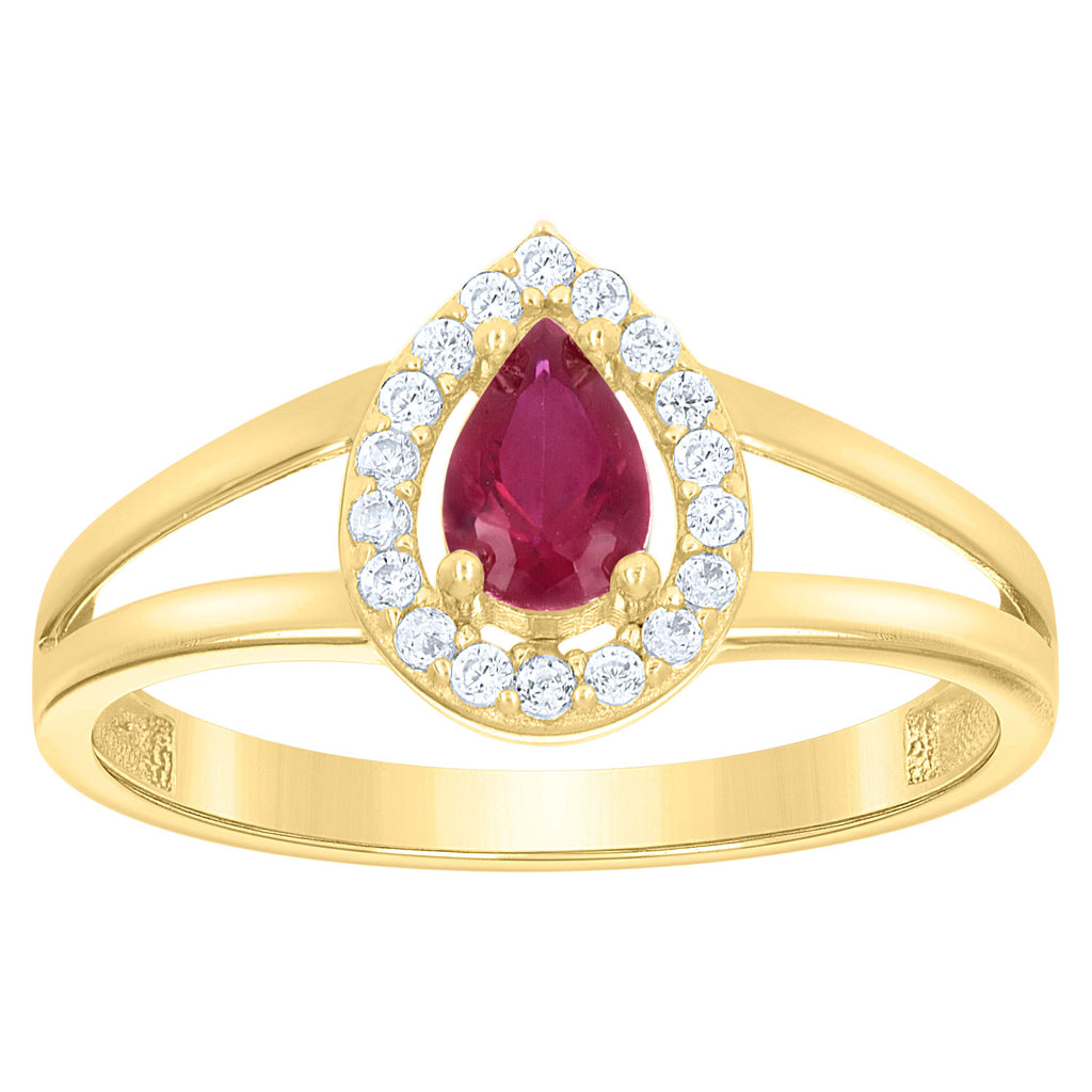10K Yellow Gold Womens Round Pear White Red Cubic-Zirconia Teardrop Birthstone Ring