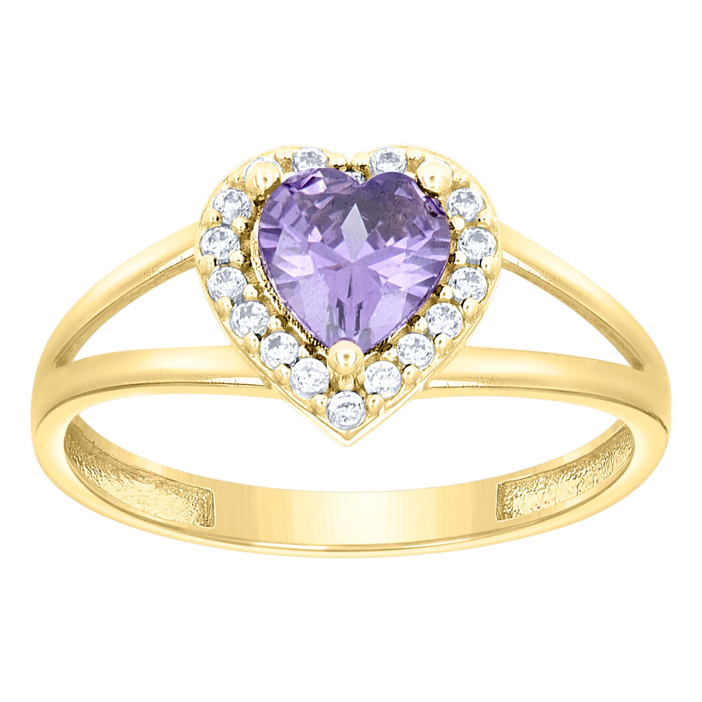 10K Yellow Gold Womens Round Heart White Purple Cubic-Zirconia Heart Birthstone Ring