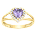 10K Yellow Gold Womens Round Heart White Purple Cubic-Zirconia Heart Birthstone Ring