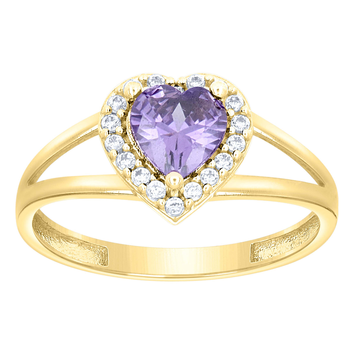 10K Yellow Gold Womens Round Heart White Purple Cubic-Zirconia Heart Birthstone Ring