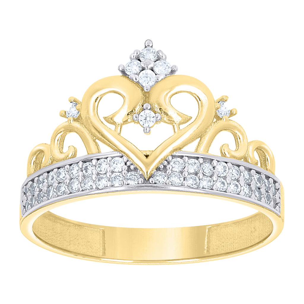 10K Two-tone Gold Women Cubic-Zirconia Crown Heart Ring