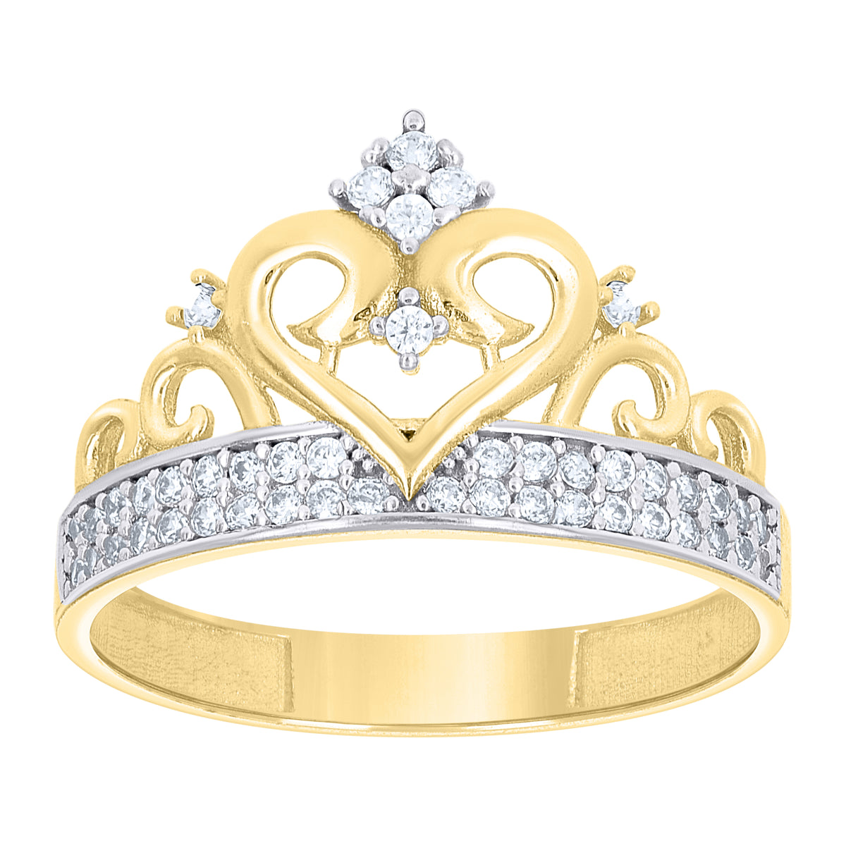 10K Two-tone Gold Women Cubic-Zirconia Crown Heart Ring