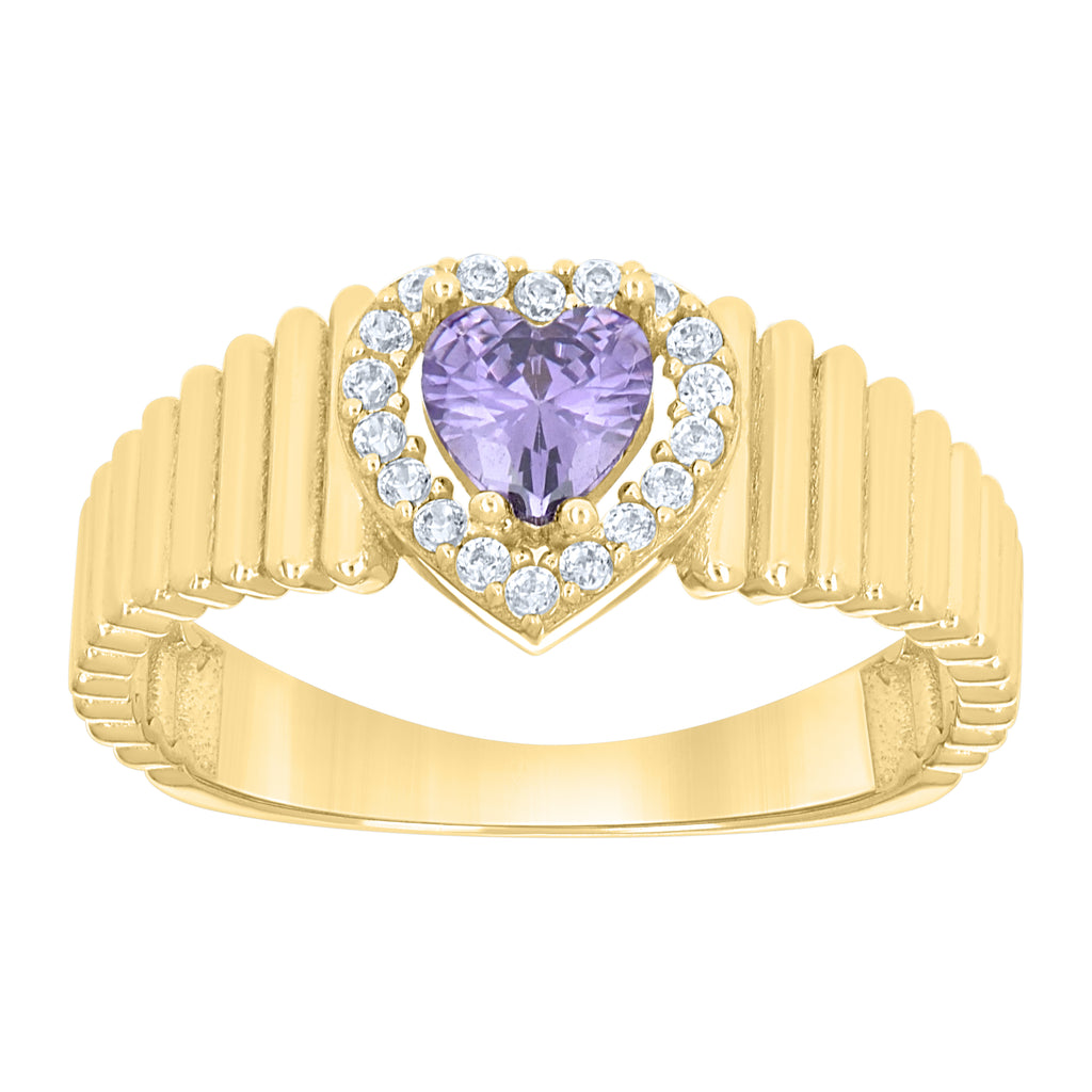 10K Yellow Gold Womens Round Heart White Purple Cubic-Zirconia Heart Birthstone Ring