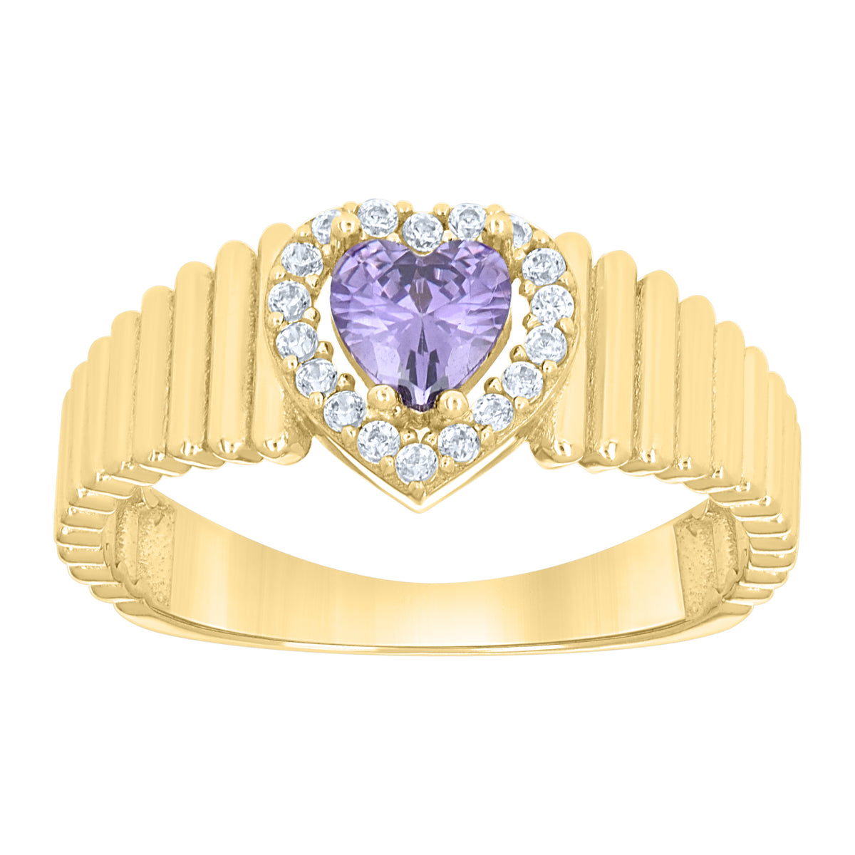 10K Yellow Gold Womens Round Heart White Purple Cubic-Zirconia Heart Birthstone Ring