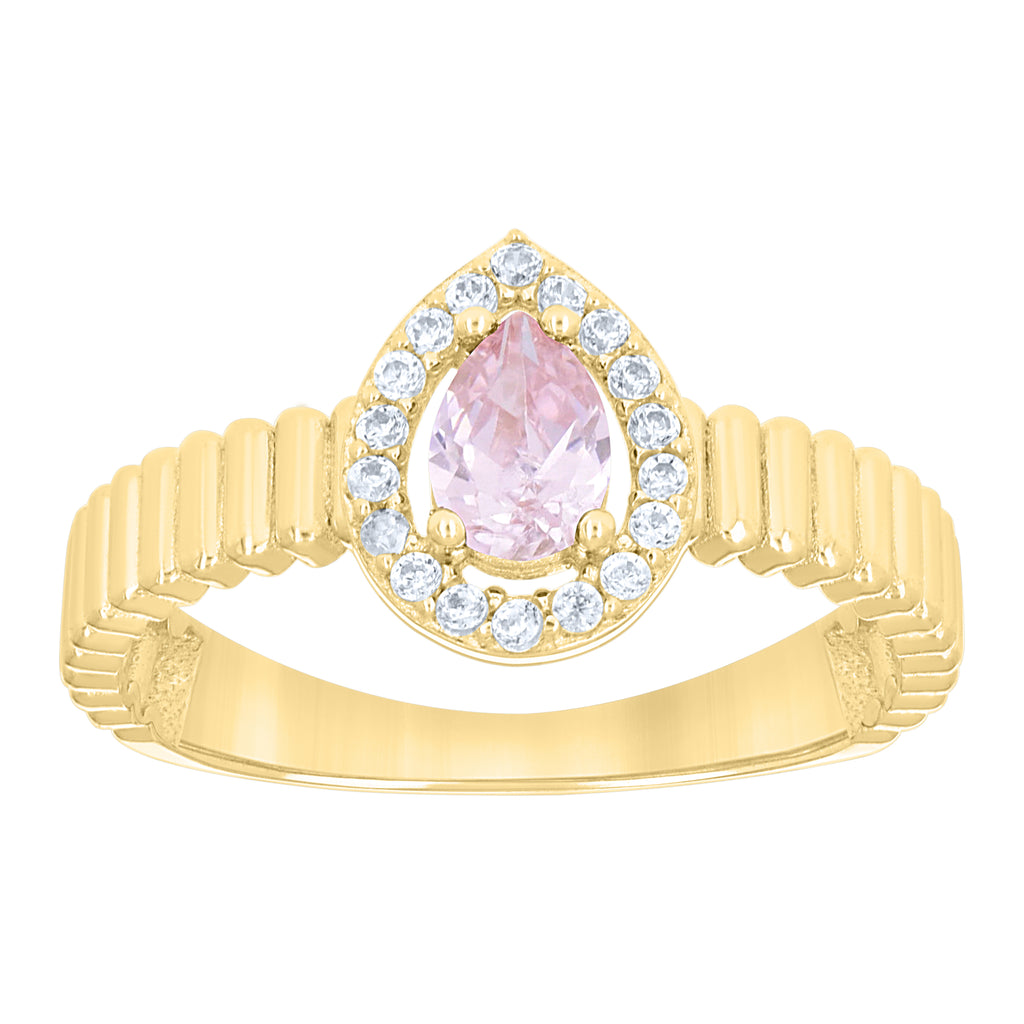10K Yellow Gold Womens Round Pear White Pink Cubic-Zirconia Teardrop Birthstone Ring
