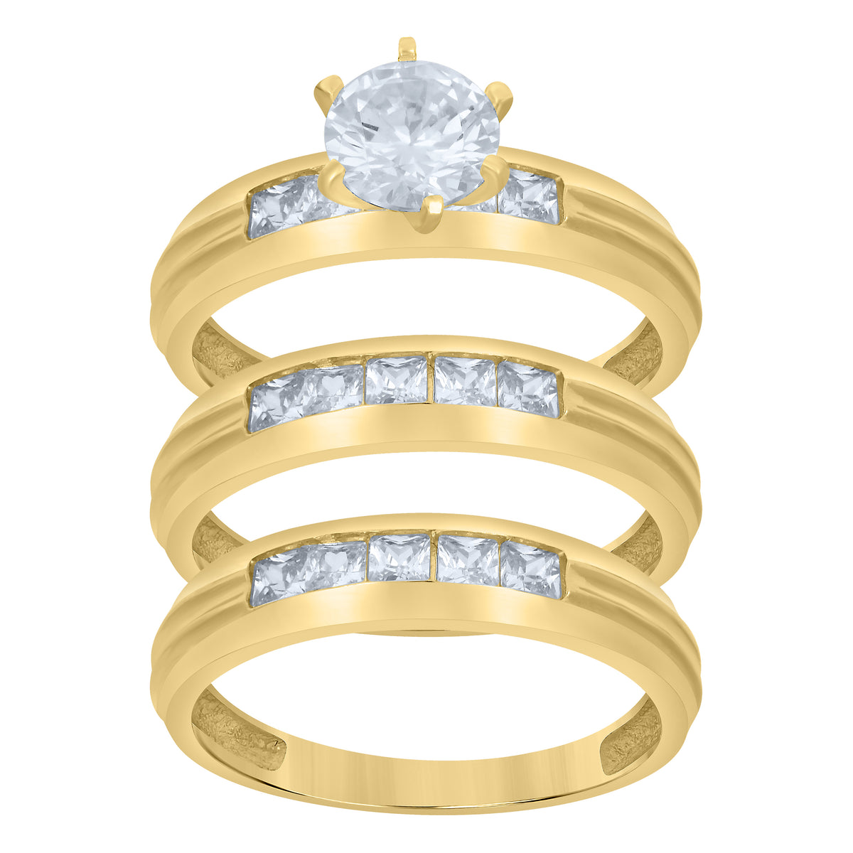 10K Yellow Gold Round Princess-cut Cubic-Zirconia His & Hers Trio Ring Set