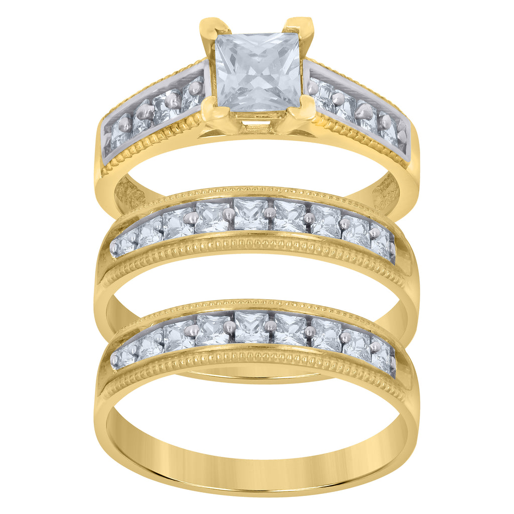 10K Two-tone Gold Princess-cut Cubic-Zirconia His & Hers Trio Ring Set
