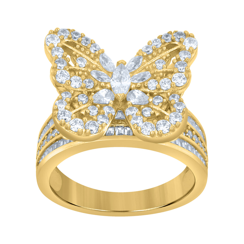 10K Yellow Gold Womens Marquise Baguette Cubic-Zirconia Butterfly Ring