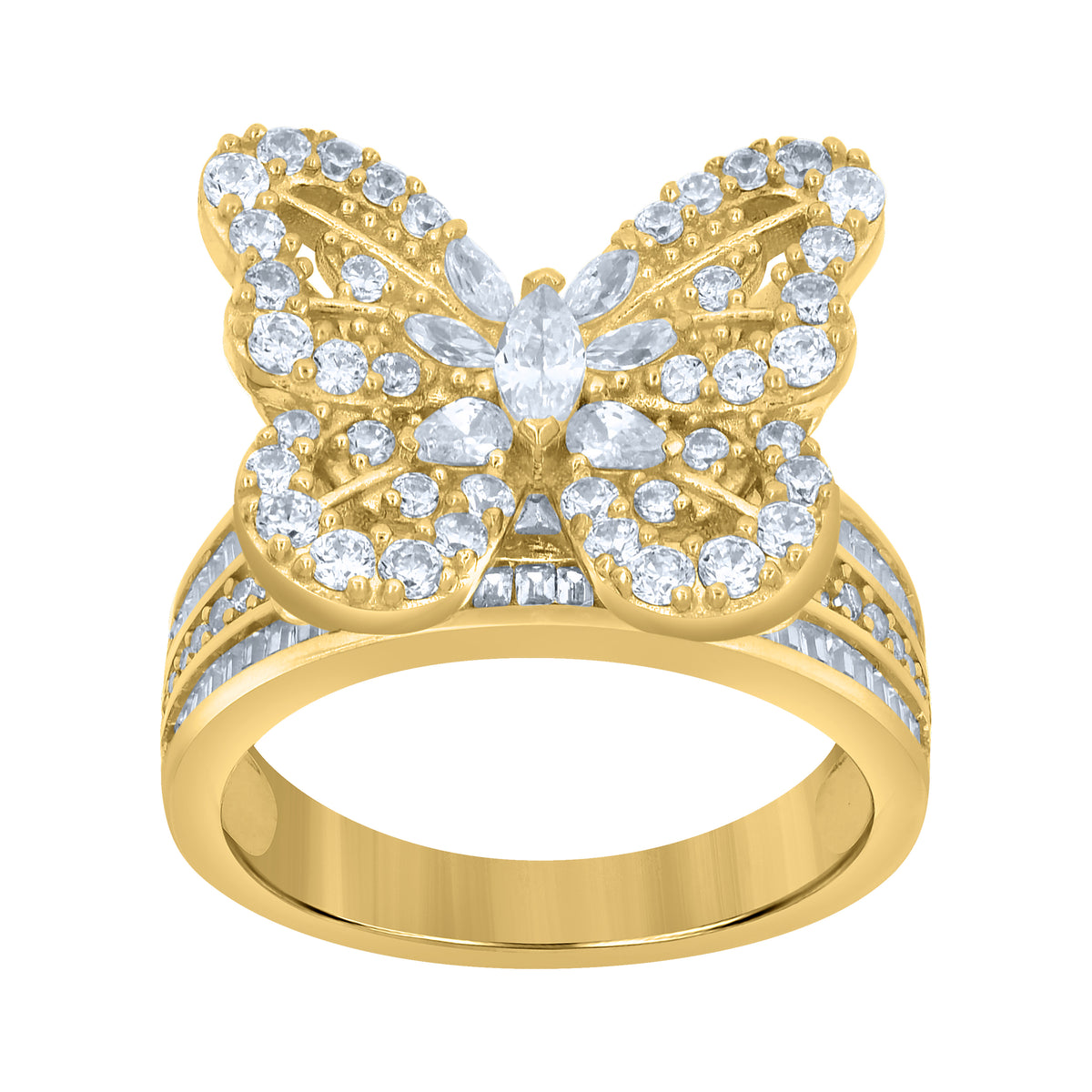 10K Yellow Gold Womens Marquise Baguette Cubic-Zirconia Butterfly Ring